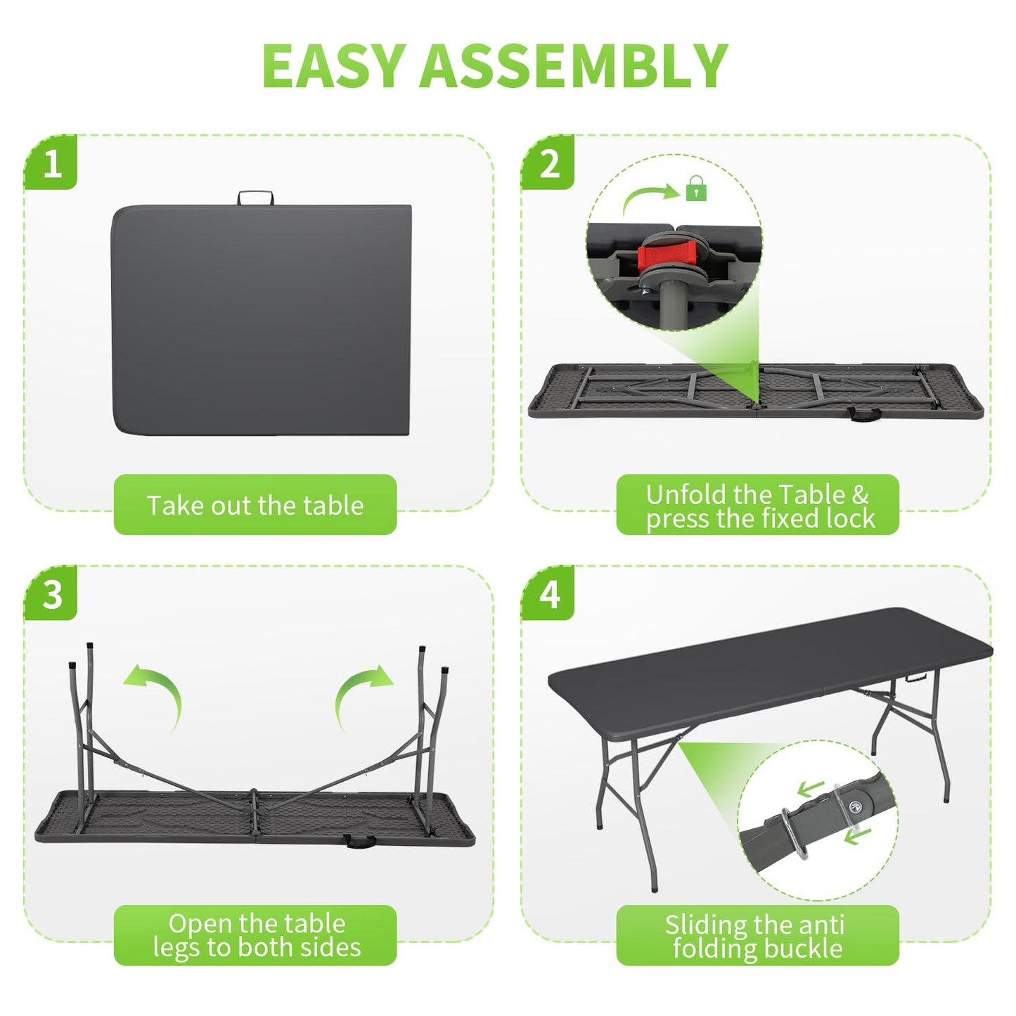 BestOffice 6 FT Picnic Table, Portable Plastic Folding Table with Carrying Handle Perfect for Picnics, Parties, Party and Camping, Grey