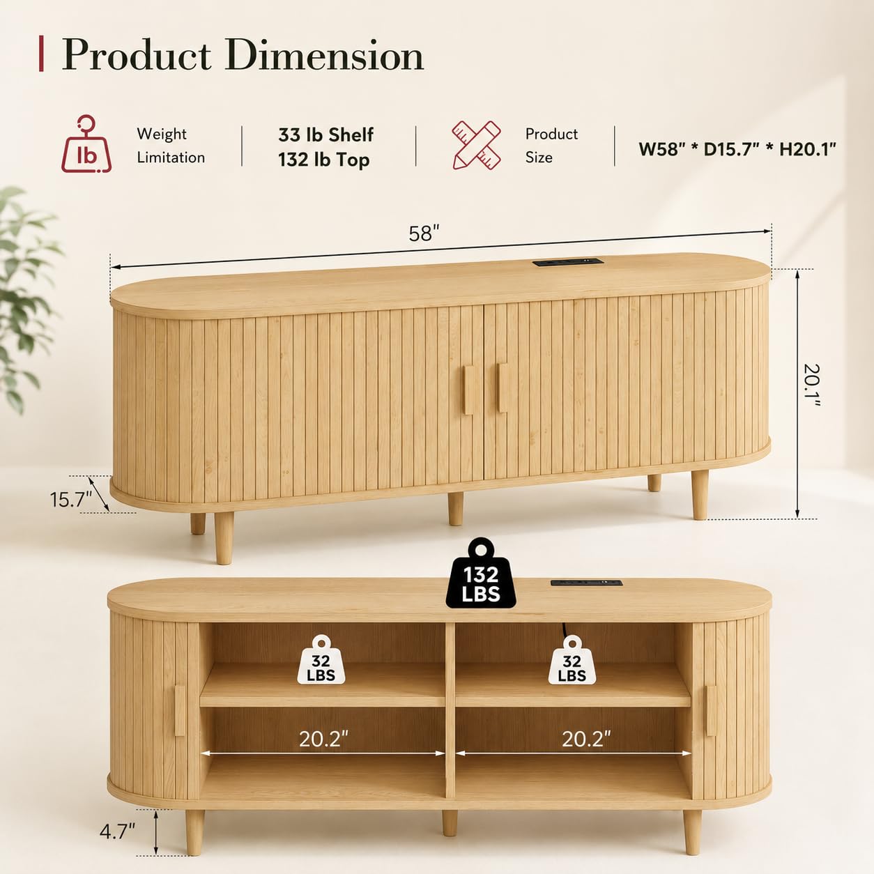 MXV 58" Mid-Century Modern TV Stand with Sliding Doors, TV Consoles with Power Outlet, Fluted Entertainment Center with Adjustable Shelves for Living Room