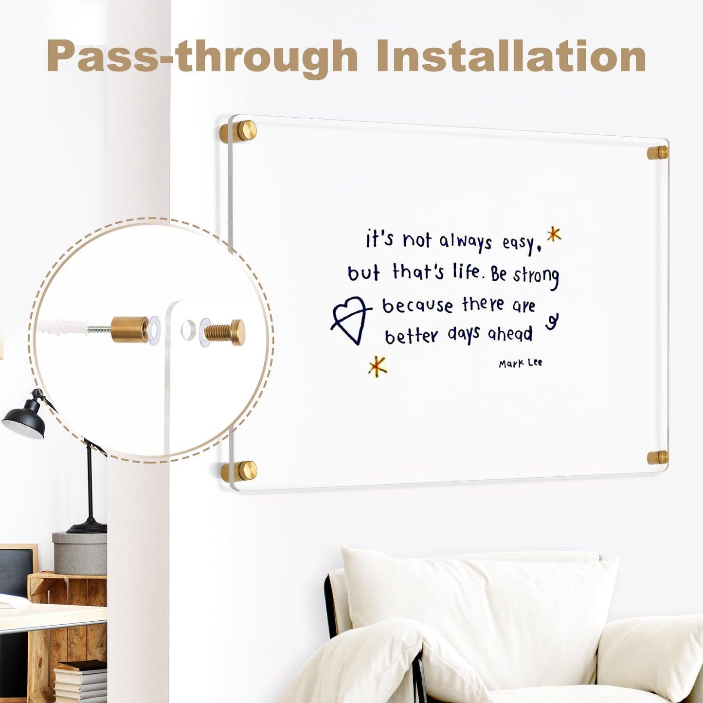 AMUSIGHT Large Clear Acrylic Dry Erase Board, 36" X 24" Golden Non-Magnetic Frameless Clear White Board for Wall, Erasable Acrylic Board for Wall, Home, Office, School, 2 Markers