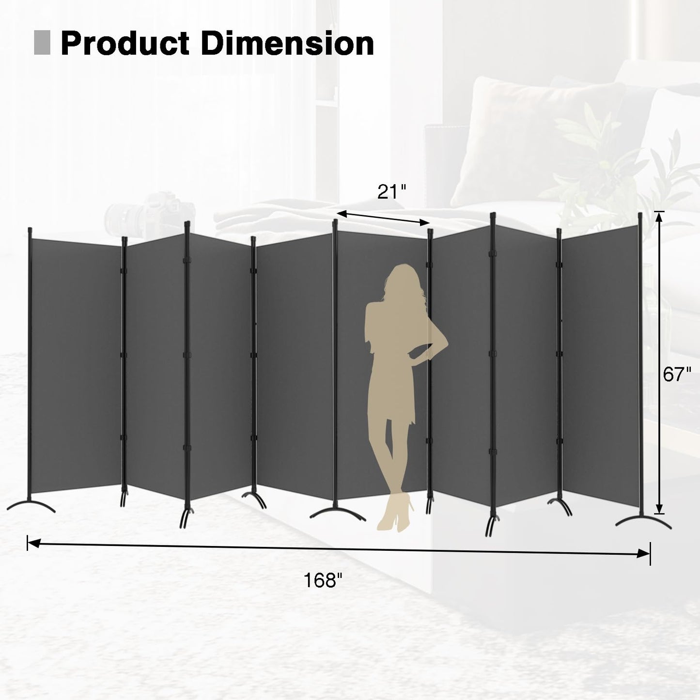 Room Divider-Folding Privacy Screens, 6 ft Partition Room Dividers Wall for Separation, Home, Office, Classroom, Studio (Grey, 8 Panel)
