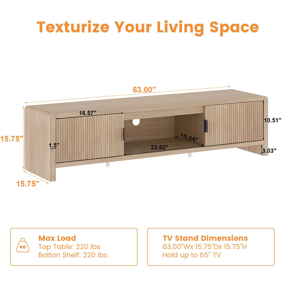 FATORRI TV Stand for TVs up to 75/65/55 Inch, Wood Entertainment Center with Storage, Farmhouse Waveform Fluted-Door Television Media Console for Living Room, Bedroom (63 Inch W, Light Walnut)