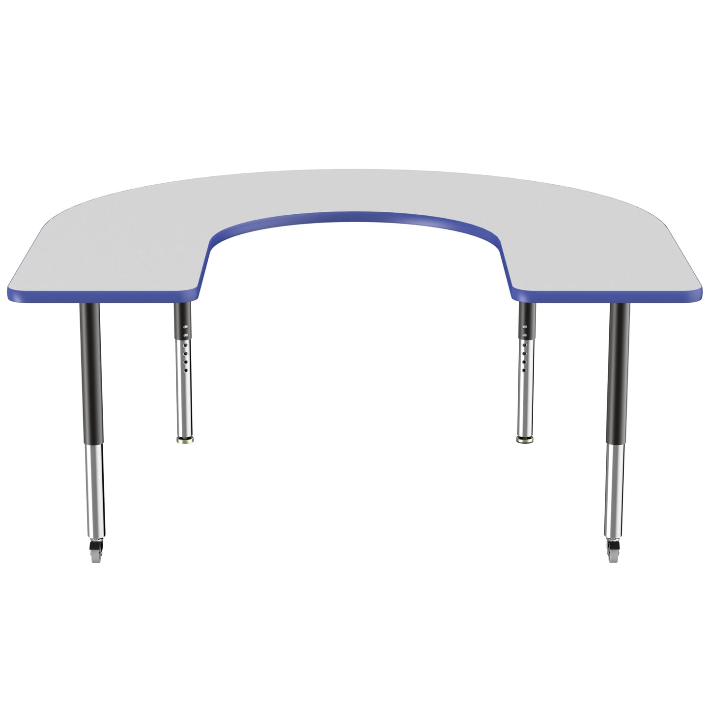 FDP Mobile Horseshoe Activity School and Office Table (60 x 66 inch), Super Legs with Glides and Casters for Collaborative Environments, Adjustable Height 19-30 inches - Gray Top and Blue Edge