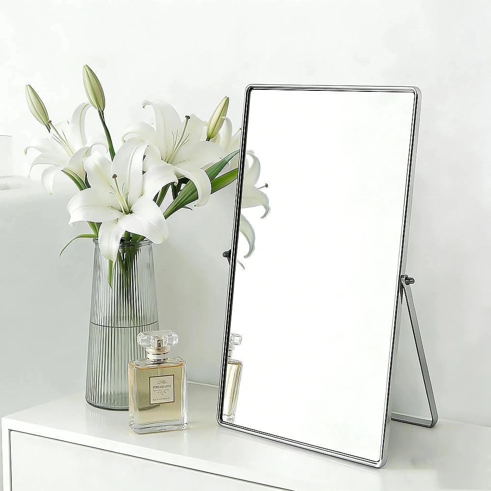 Feyarl Desktop Makeup Vanity Mirror Vertical Tabletop Mirror 90° Rotation Decorative Standing Cosmetic Mirror for Bedroom Bathroom Desk Dresser (Silver)