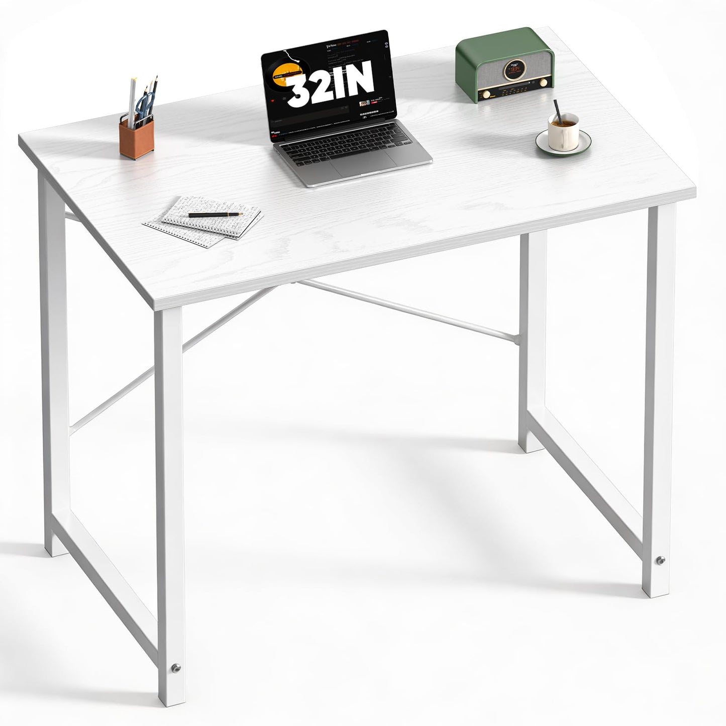 DUMOS 31 Inch Small Computer Desk for Home Office, Modern Study Writing Gaming Work Table Simple Style for Bedroom with X-Shaped ReInchforcement, White
