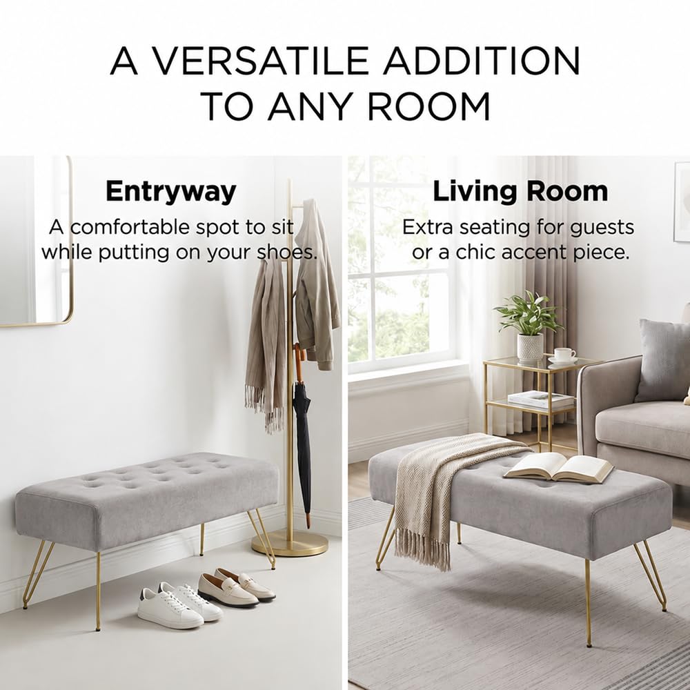 Velvet Button-Tufted Entryway Bench, 39.37" Modern Upholstered Bedroom Bench with Gold Metal Legs, Padded Rectangular End of Bed Bench for Living Room, Dining Room (Grey)