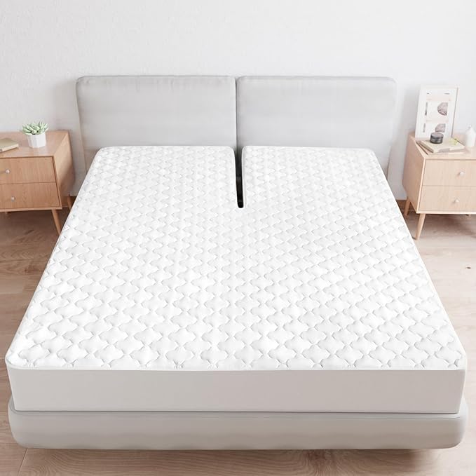 Split Top King Mattress Pad Waterproof Protector, Quilted Mattress Cover Fitted