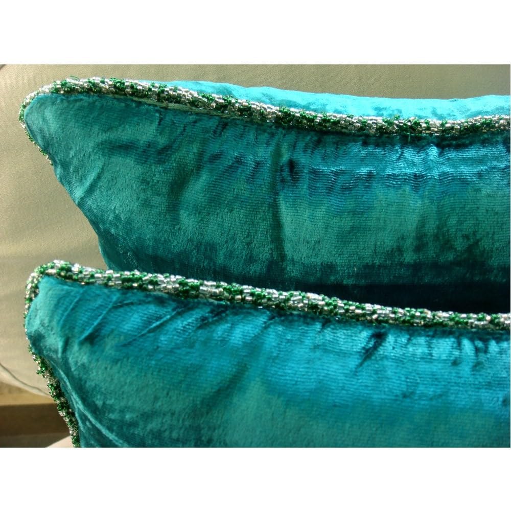 HomeCentric Royal Peacock Green Throw Pillow, 20x20 inch, Velvet Square - Solid Contemporary Design with Bead Cord