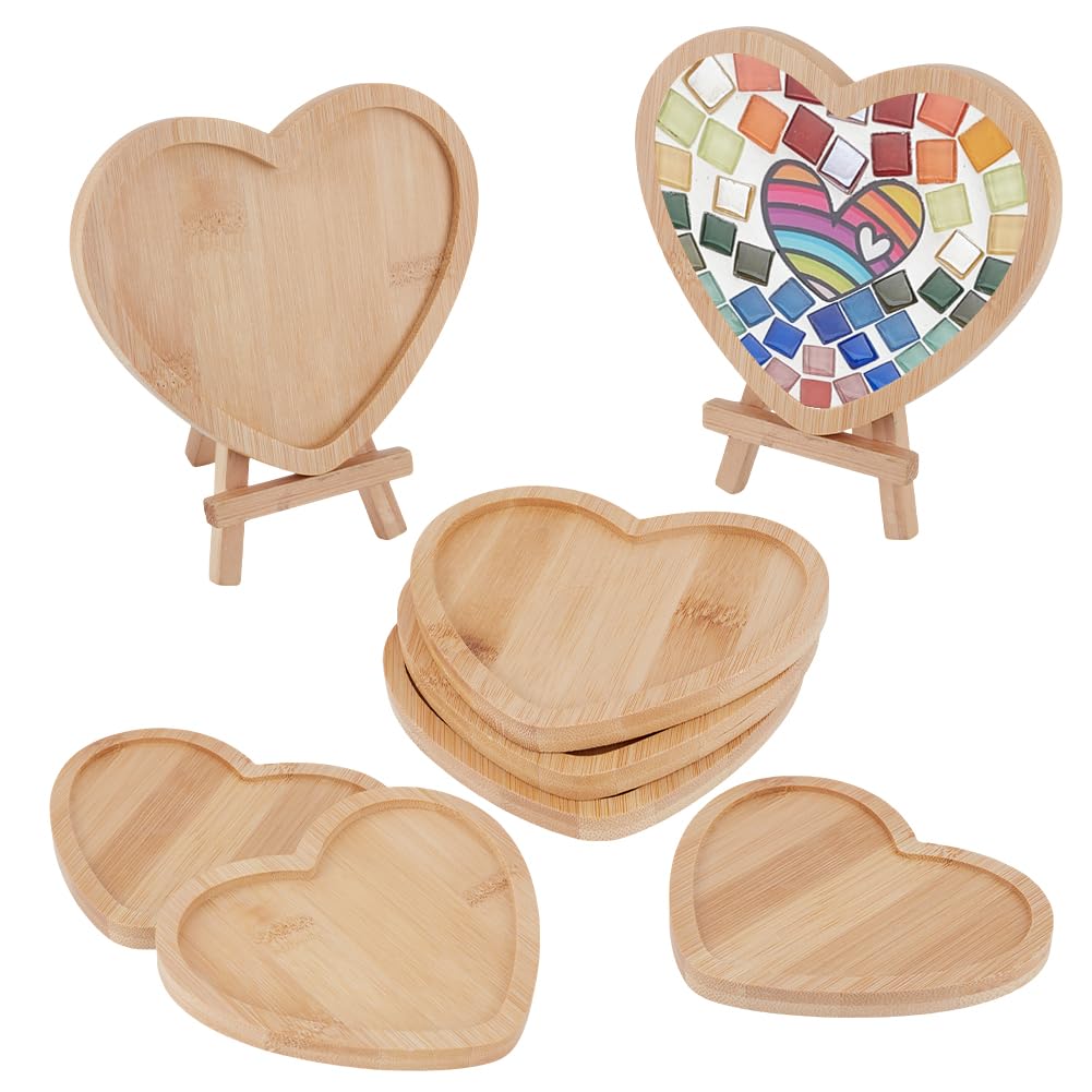 WEBEEDY 8 Pcs Heart Shape Bamboo Coasters Blank Coaster Base Fillable DIY Mosaic Tray Crafts, Plate Ornaments for Home Decor Tabletop Mosaic Coaster Making Craft Wedding Valentine's Day Gift, 5.3 Inch