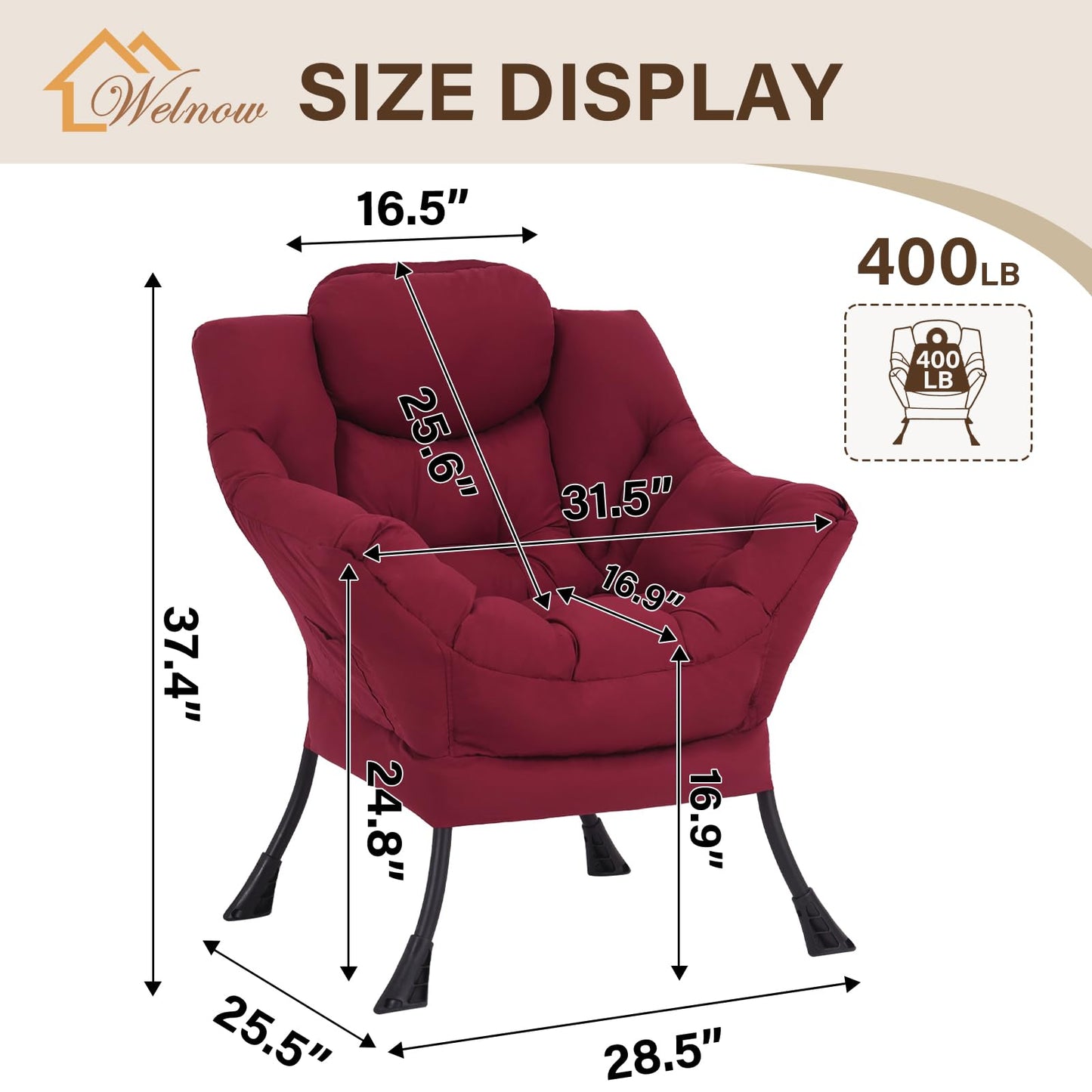 Welnow Lazy Chair for Living Room, Modern Reading Accent Chair with Armrests and a Side Pocket, Leisure Upholstered Lazy Sofa for Small Space, Bedroom, Dorm, Burgundy