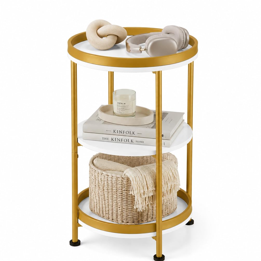 Dulcii Round Side Table with Storage Tray for Living Room, 15" L x 15" W x 24" H Bedroom Nightstand 3 Tiers Bedside Table with Steel Frame for Small Spaces (White & Gold)