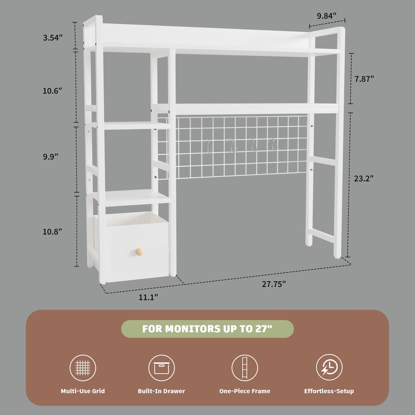 Rifoer Desk Hutch for Computer Monitor,Desktop Bookshelf Organizer,4 Tier Desk Hutch with Grid Panel,38.6" Desk Shelf Storage Rack for Home Office,Study,Dorm,White