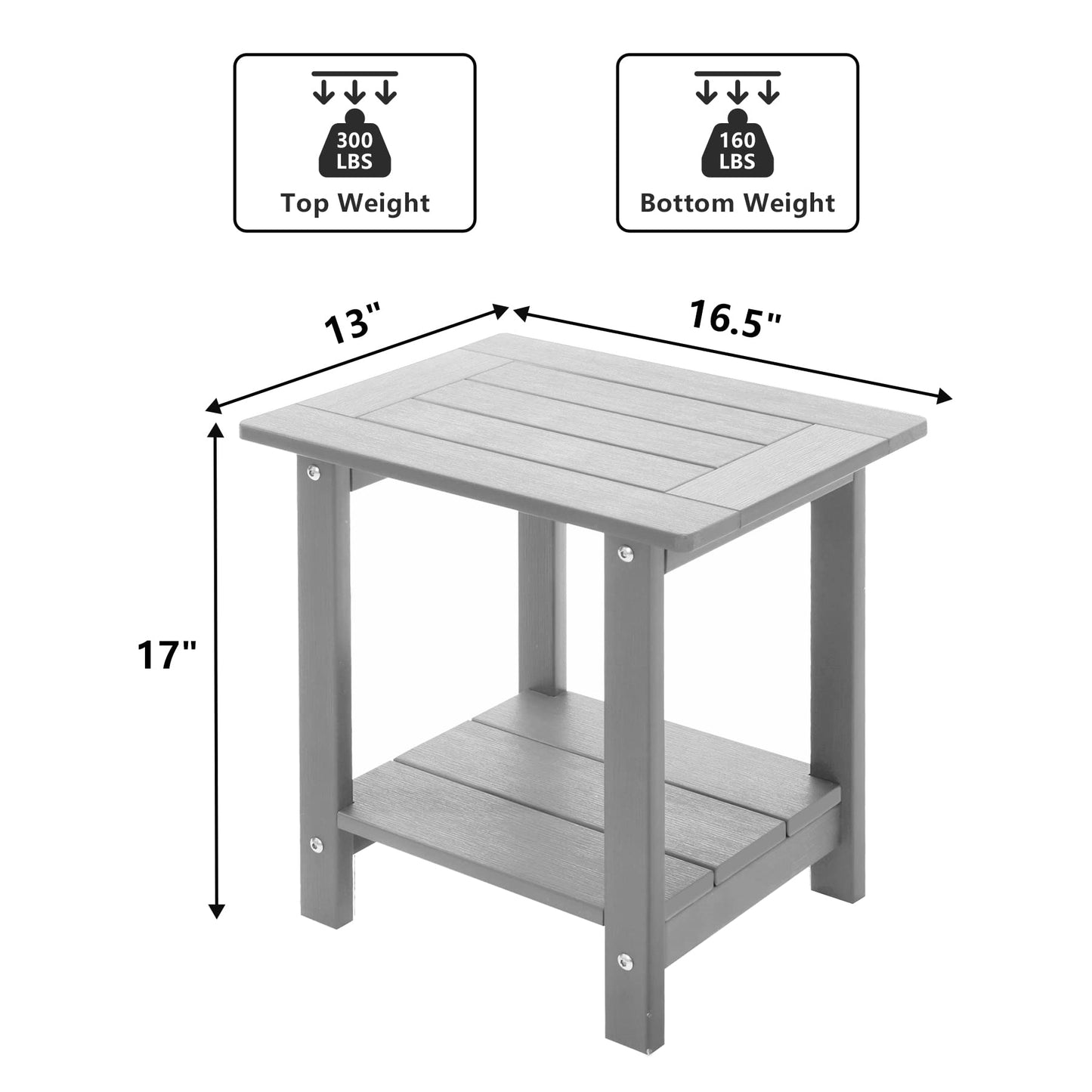 Meluvici Double Adirondack Side Table Weather Resistant, Outdoor Rectangular End Table for Adirondack Chair, Light Grey
