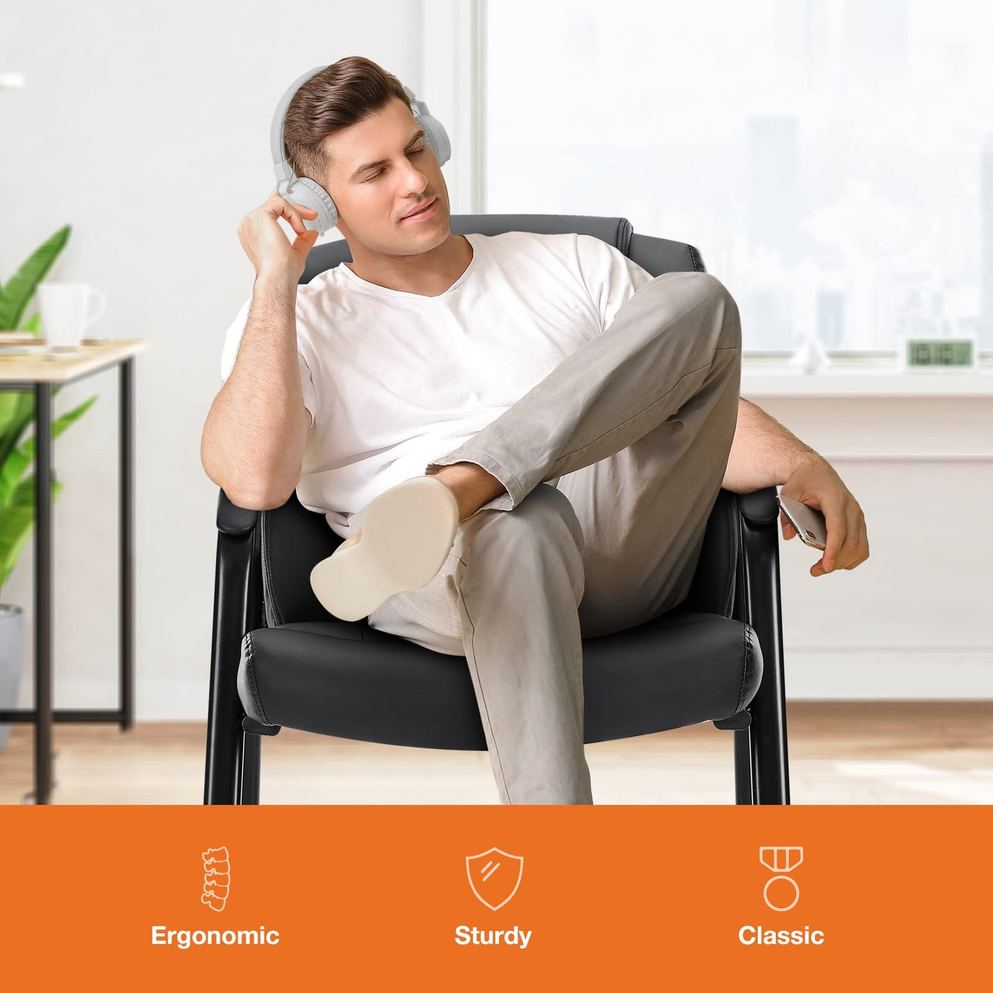 Sweetcrispy Waiting Room Guest Chair, Office Desk Reception Chair PU Leather No Wheels with Padded Armrest for Conference Lobby Area Meeting Medical Clinic Room