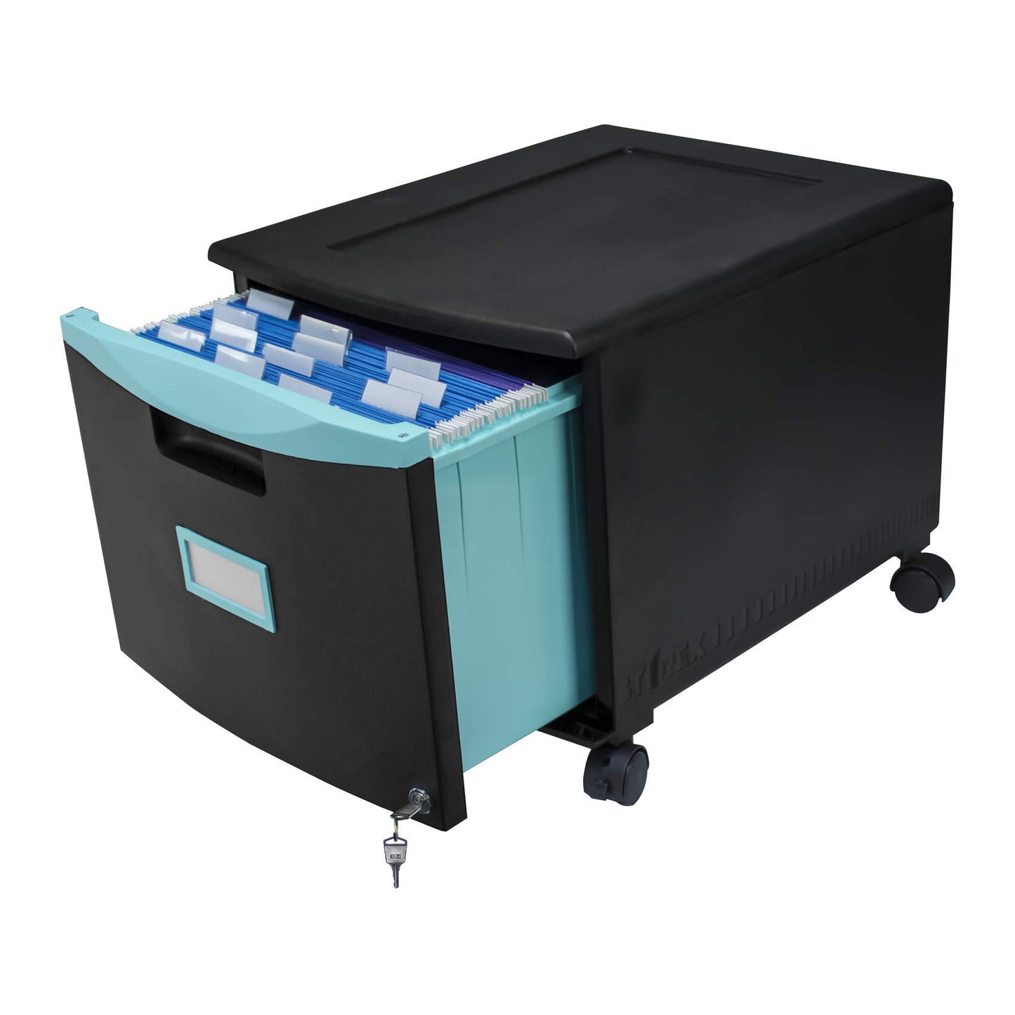 Storex Plastic One-Drawer File Cabinet – Locking Document Organizer with Casters for Home and Office, Black/Teal, 1-Pack (61270A01C)