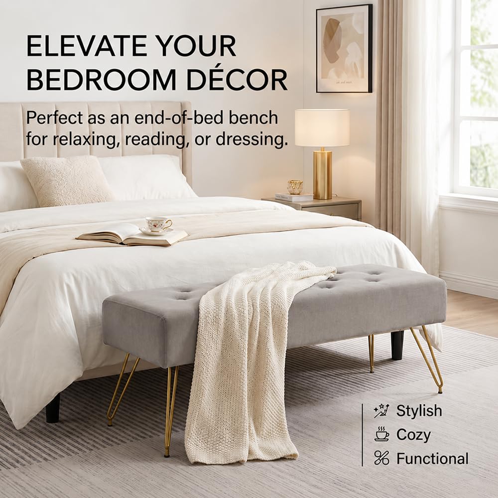 Velvet Button-Tufted Entryway Bench, 39.37" Modern Upholstered Bedroom Bench with Gold Metal Legs, Padded Rectangular End of Bed Bench for Living Room, Dining Room (Grey)