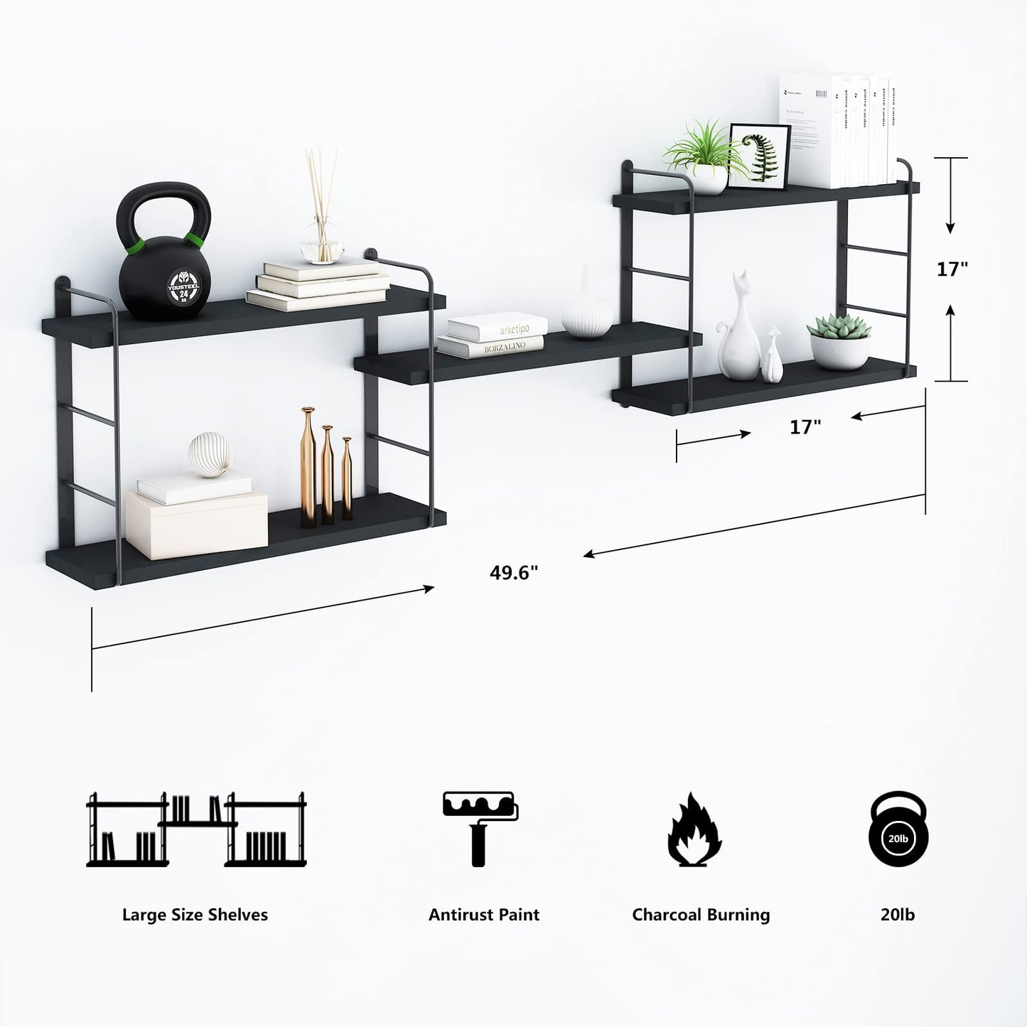 MXCSE Wall Shelves, Wall Mounted Bookshelves, DIY Floating Shelves for Wall, Wood Hanging Book Shelves for Room, Bedroom, Living Room, Easy Installation (Black, 50W x 17H)