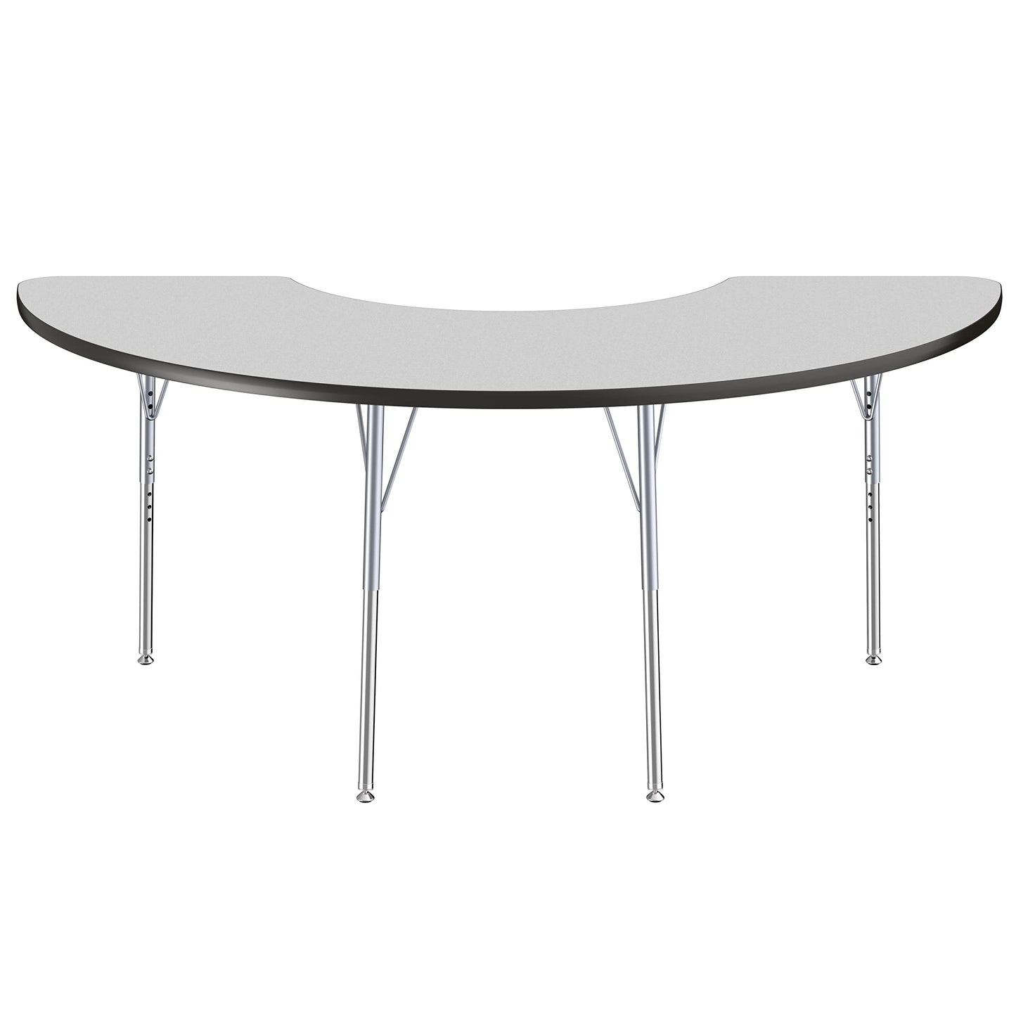 FDP Half Moon Activity School and Office Table (36 x 72 inch), Standard Legs with Swivel Glides, Adjustable Height 19-30 inches - Gray Top, Black Edge, Silver Legs