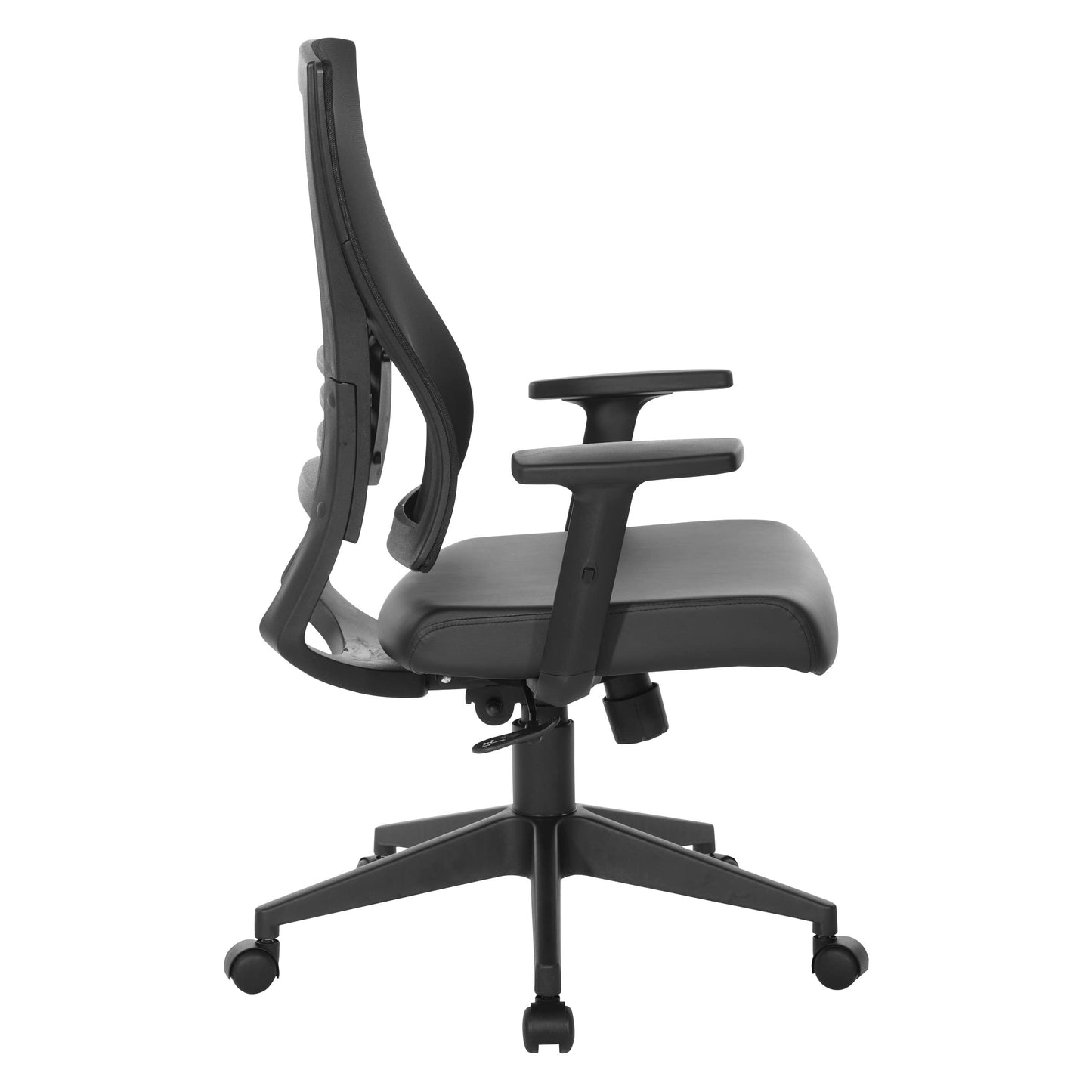 Office Star Mesh Back Office Chair with 2-to-1 Synchro Tilt Control and Adjustable Padded Arms, Black Faux Leather with Black Frame