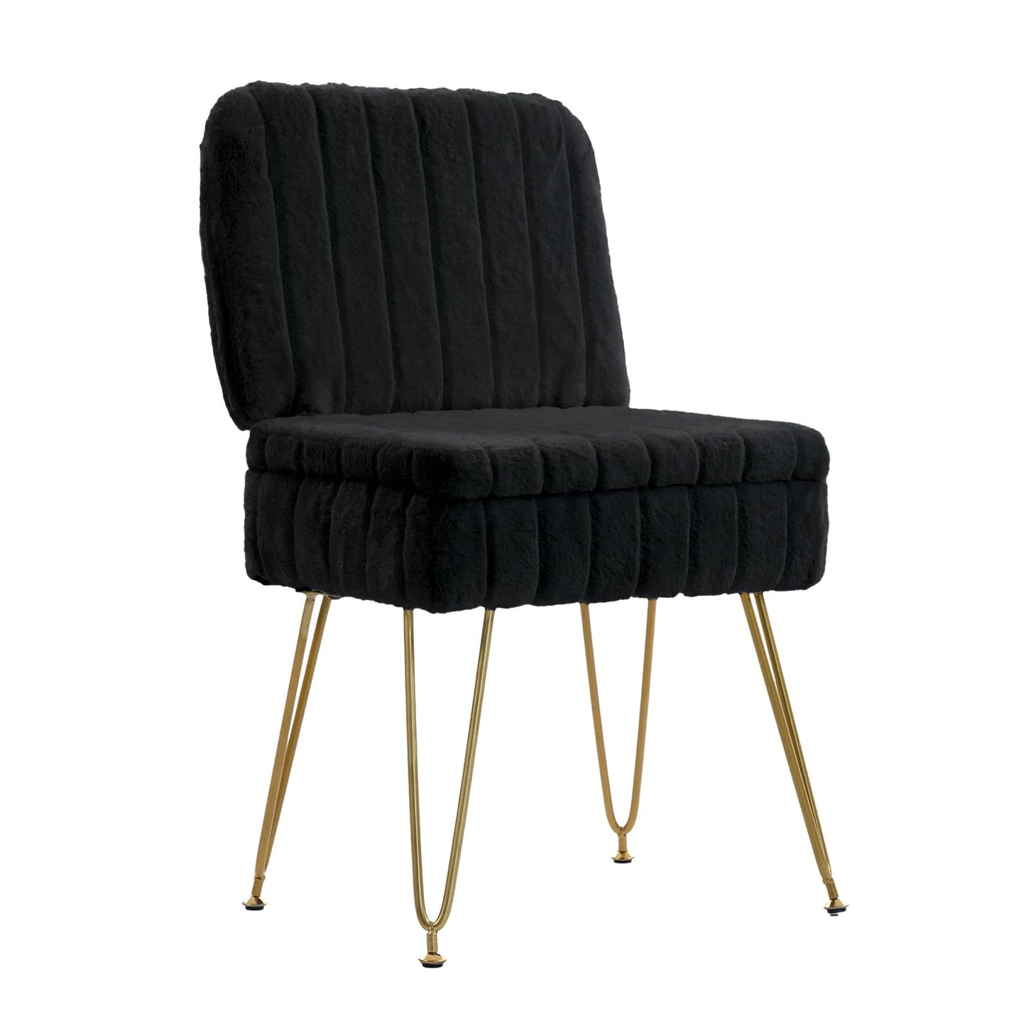 Manyday Vanity Chair with Storage, Comfy Ottoman with Folding Back, Faux Fur Vanity Stool with 4 Metal Legs for Make Up, Furry Padded Seat with Anti-Slip Feet for Bedroom Dressing Room, Black