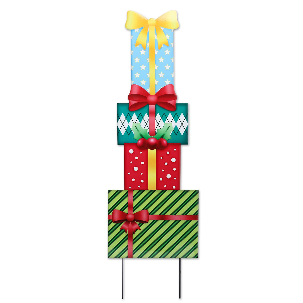 Christmas Yard Sign Decorations Outdoor Christmas Four Gift Boxes Yard Signs with Metal Stakes for Xmas Holiday Party Lawn Sign Garden Decor Outdoor Yard Signs