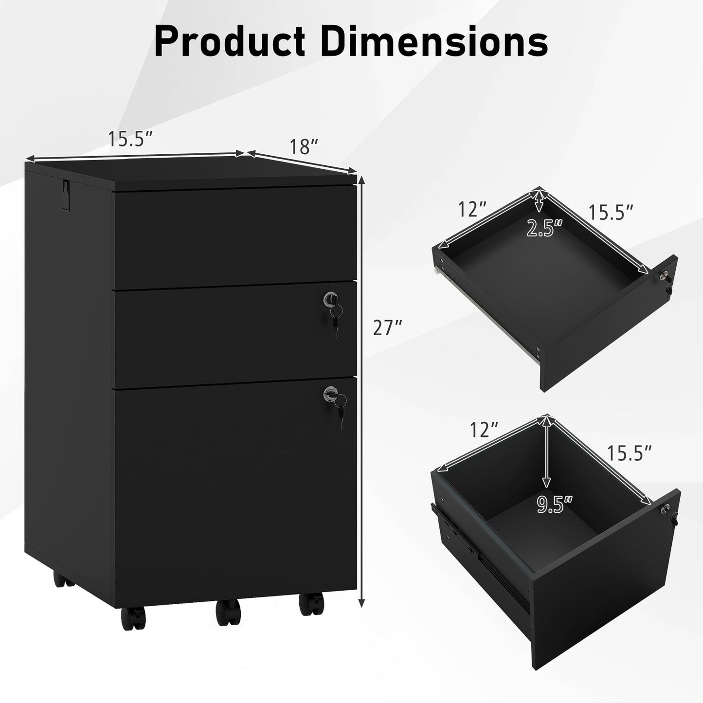 Giantex 3-Drawer File Cabinet with Lock, 27-Inches Storage Cabinet with 2 Side Hooks, Mobile Printer Stand, Wheels, 4 Keys, Vertical Filing Organizer fits Letter/A4 Size for Home Office (Black)