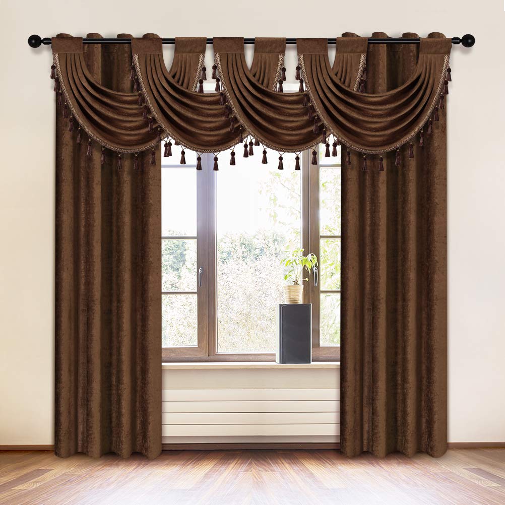 ELKCA Thick Chenille Waterfall Swag Valances for Living Room Chocolate Valance Curtains for Kitchen, Pack of 4(Chocolate, 30" W x 22" L)