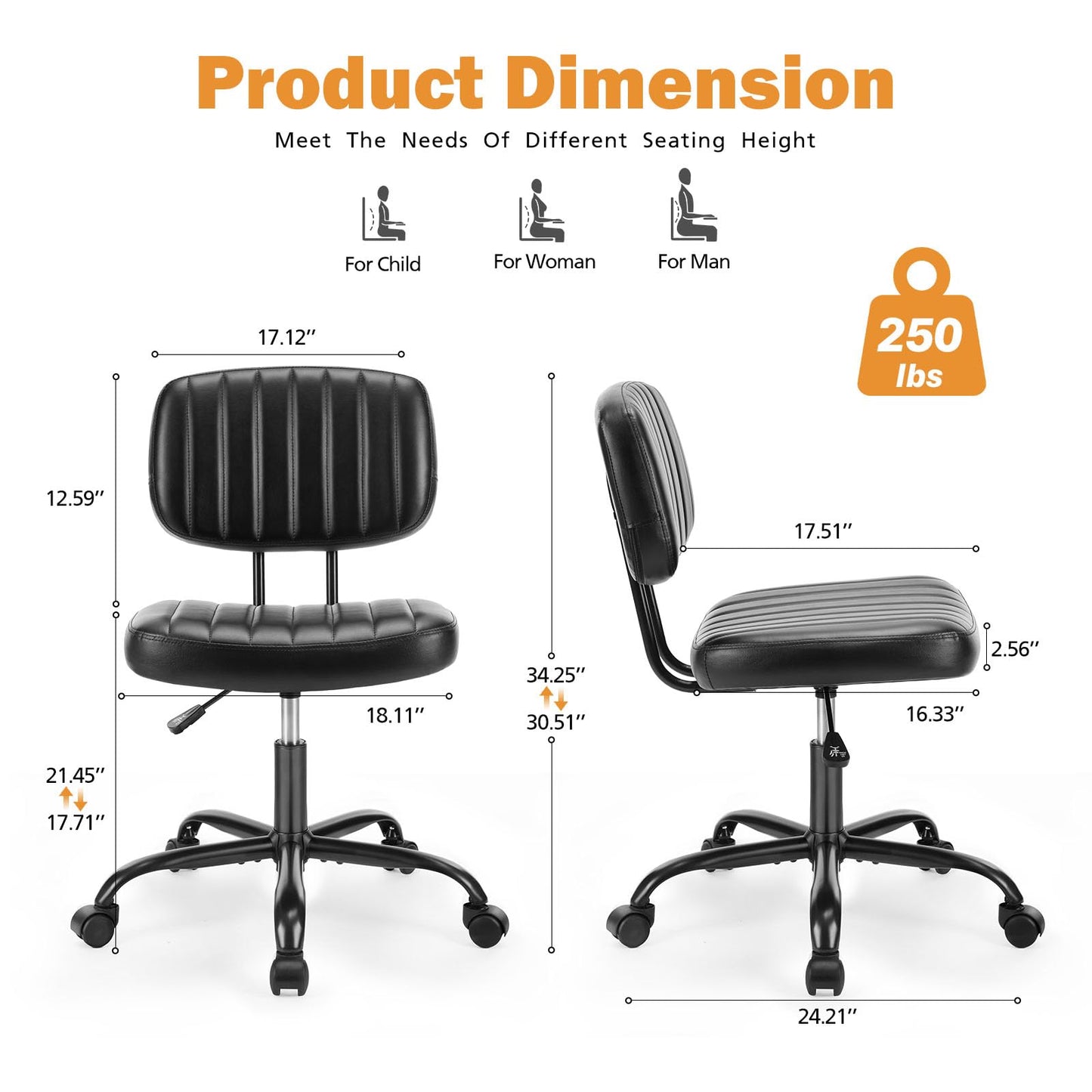 Sweetcrispy Small Office Desk Chair - Armless PU Leather with Comfy Lumbar Support, Height Adjustable Rolling Swivel Task for No Arms, for Adult, Student, Bedroom, Home, Vanity, Black