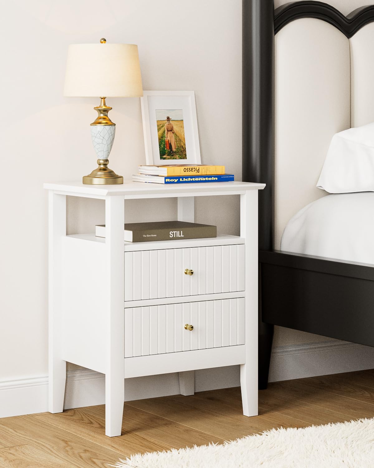 Apetaccat Fluted Nightstand, Farmhouse Night Stand with 2 Drawers, Mid Century Modern Side Accent Table,Bedside End Table for Bedroom, Living Room, White