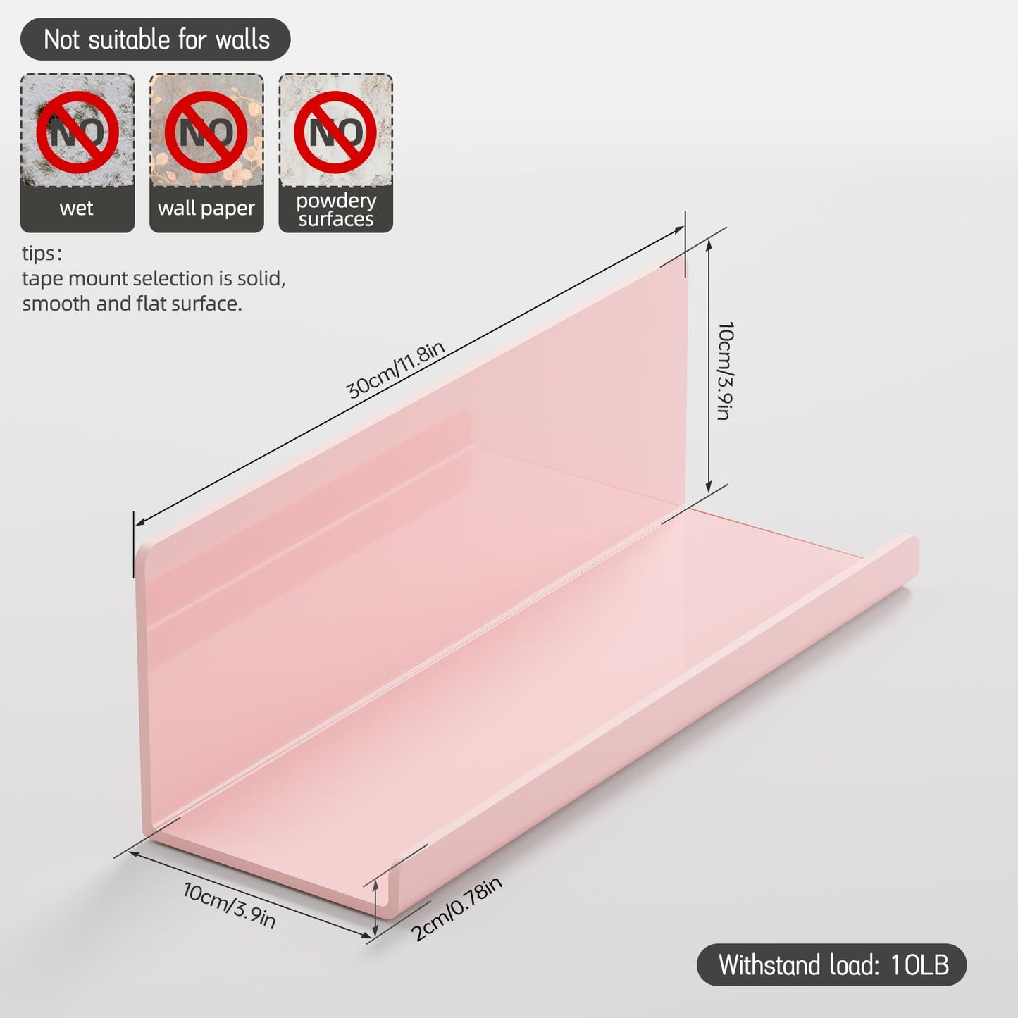 PAVSTINE Adhesive Floating Shelves for Wall No Drilling, 12 Inch Acrylic Self Adhesive Shelves, Stick on Shelves, Dorm Wall Shelf, for Bathroom, Kitchen, Bedroom, Office, Gaming Room, Pink