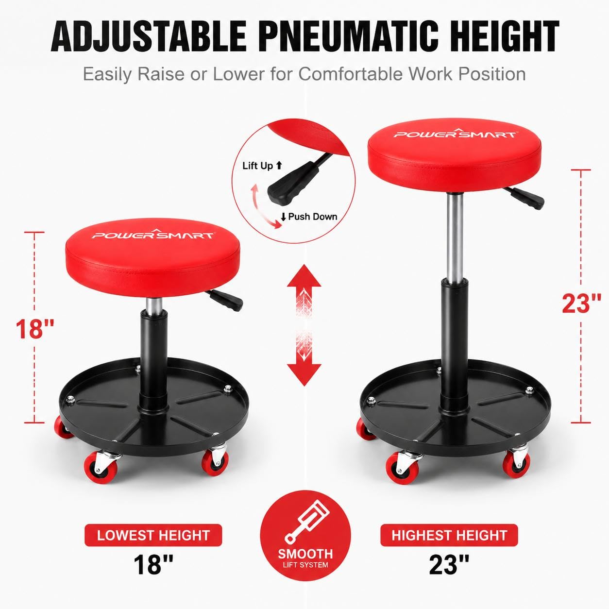 PowerSmart 360° Rolling Mechanic Stool with Tool Tray, Adjustable 18-23 Inches, 330 lbs Capacity, Comfortable & Durable for Garage/Shop Use