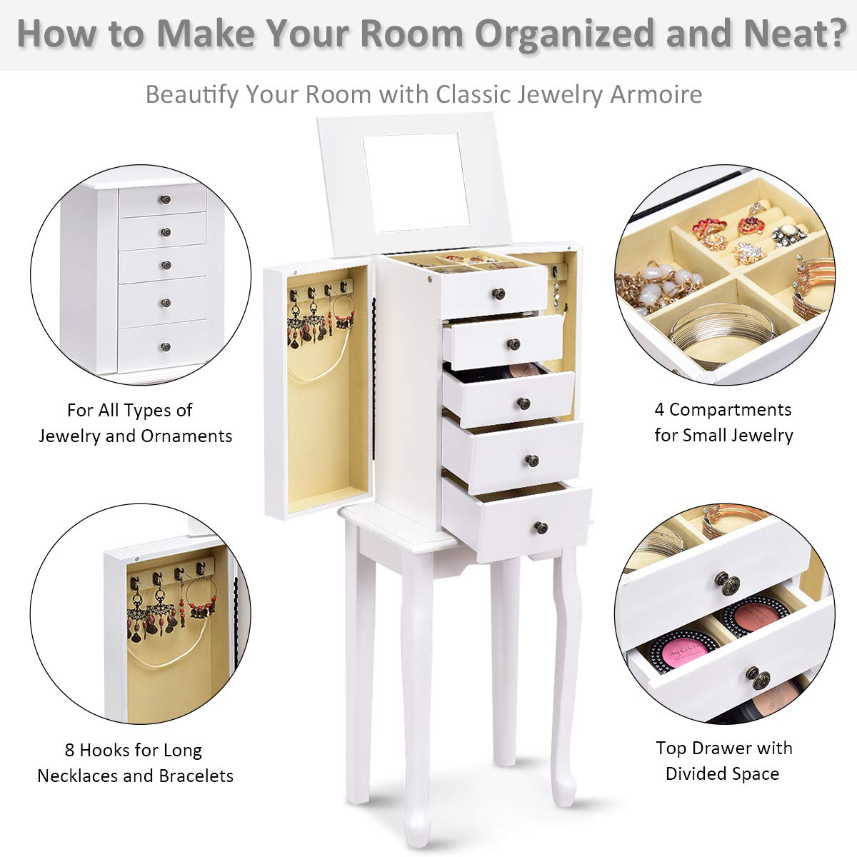 Giantex Jewelry Cabinet Armoire Box Storage Chest Necklace Stand Organizer