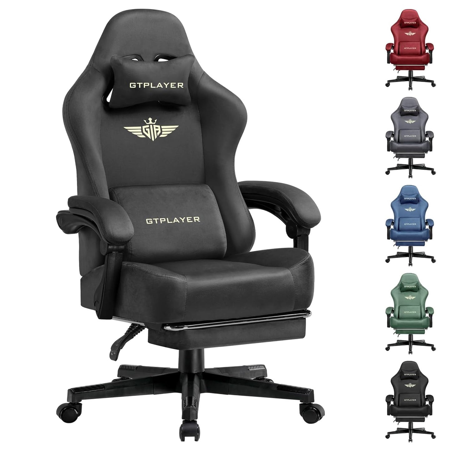 GTPLAYER Gaming Chair Fabric with Pocket Spring Cushion, Big and Tall Gamings Chairs 350LBS High Back Computer Chair with Footrest for Adults Lumbar Support Swivel Game Chair for Office Dark Grey
