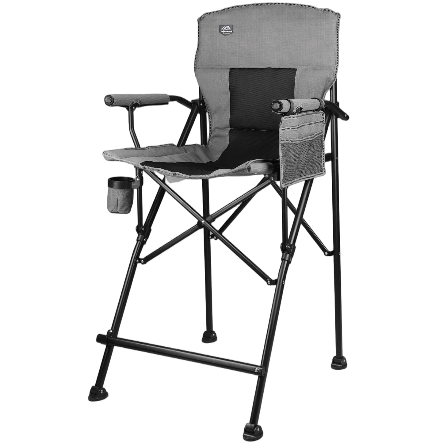 LANMONTAIN Extra Tall Folding Camping Chairs,30.7'' Seat Height Portable Hard Arm Bar Chairs w/Cup Holder,Side Mesh Pocket and Footrest,Heavy Duty Support 350 Lbs Comfy Director Chairs,Black&Grey