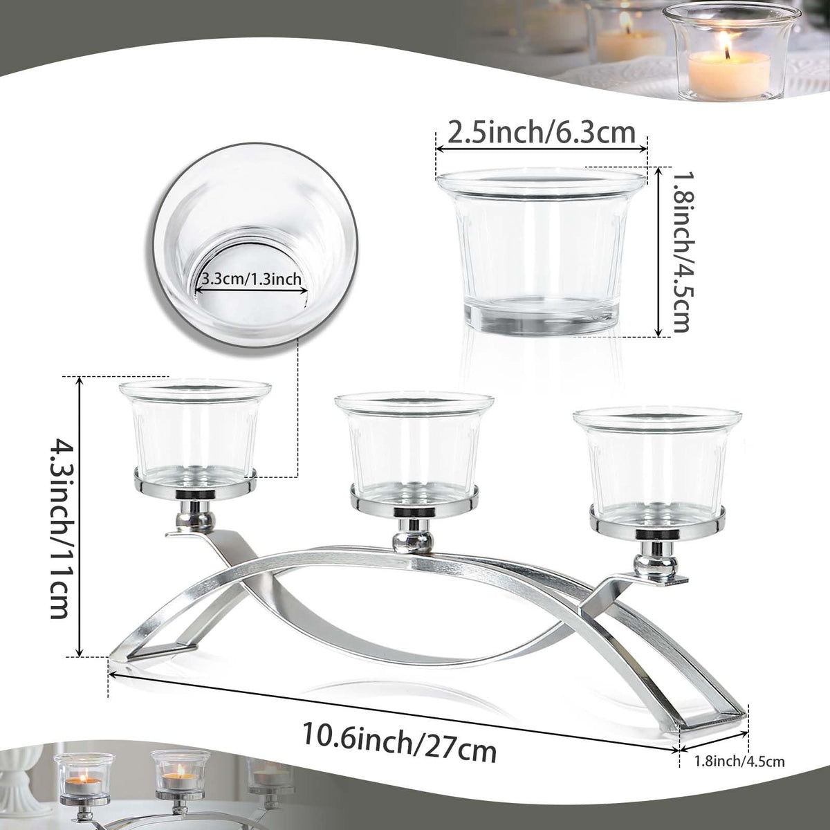 3-Arm Metal Tea Light Candle Holder Set with 5 Glass Cups, Votive Candle Holders Centerpiece Candelabra for Wedding Table Decor, Home Gatherings and Holidays (Silver, 5 Cups)