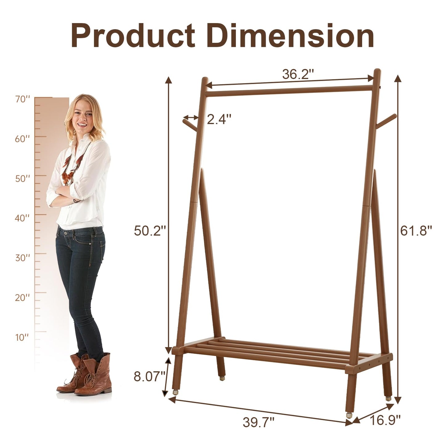 Muwuele Solid Wood Clothing Rack, Rolling Clothes Rack for Hanging Clothes, Garment Rack with Shelves Load 350 Lbs, Portable Closet Organizer on Wheels for Hanging Clothes (Walnut)