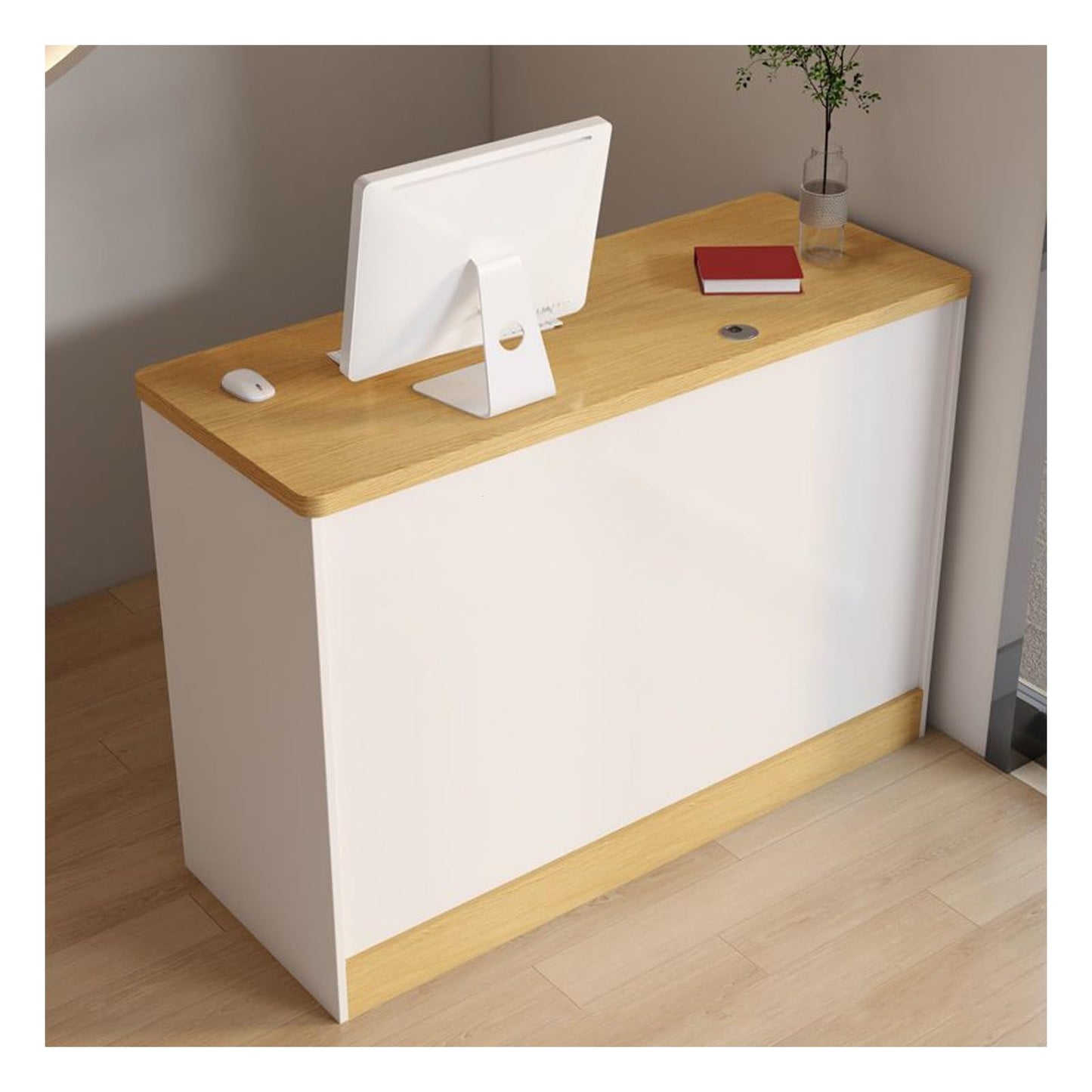 Modern Reception Desk with Lockable Drawers & Storage Cupboard, Lockable Sales Desk with Drawer - Modern Office Reception & Retail Checkout Counter for Beauty Salons, Lobbies & Shops，（White