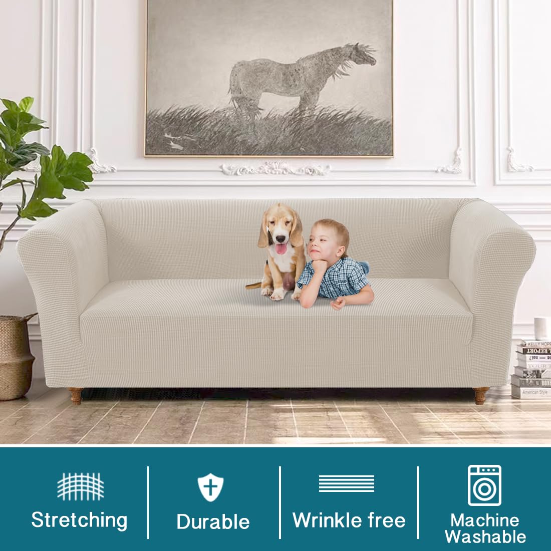 Turquoize Stretch Chesterfield Sofa Covers for Living Room Soft Sofa Couch Covers for 3 Cushion Couch Non-Slip Sofa Slipcover for Dogs Furniture Protector Feature Jacquard Fabric (Sofa, Island Fossi)