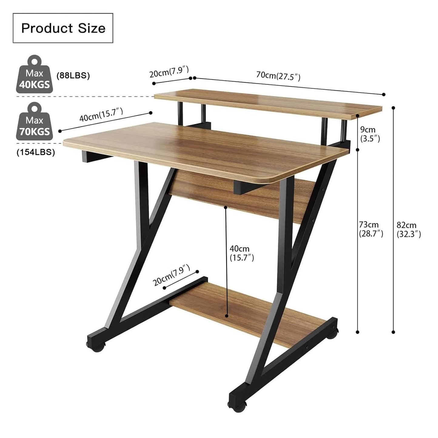Dripex Computer Desk for Small Spaces, Z Shaped Small Computer Desk, 27.5 inch Compact Desk with Monitor Shelf and Bottom Storage Shelves, Space Saving Desk, Walnut