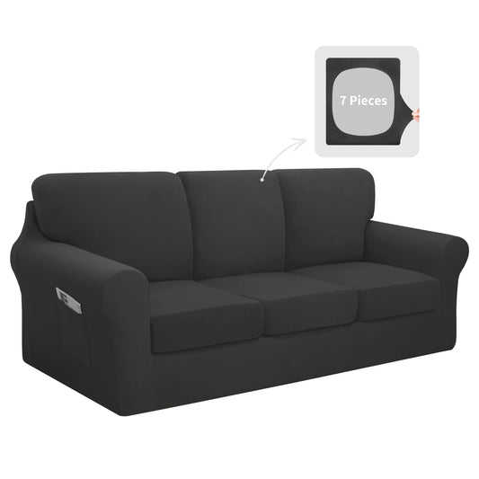 Easy-Going 7 Pieces Stretch Couch Cover Washable Sofa Cover Set for 3 Backrest and Seat Cushion Couch Anti-Slip Sofa Slipcover Furniture Protector with Elastic Bottom (Large, Dark Grey)
