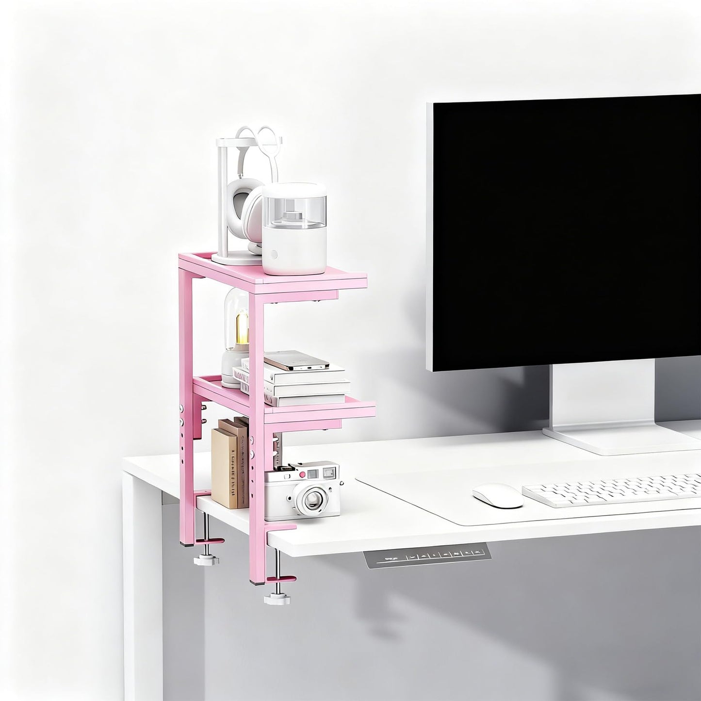 Spacrea clamp on Desk Shelf, 2 Tier Office Desk Shelves Organizer, Wood Desktop Supplies Storage Rack, Desk Organizers and Accessories (Pink)