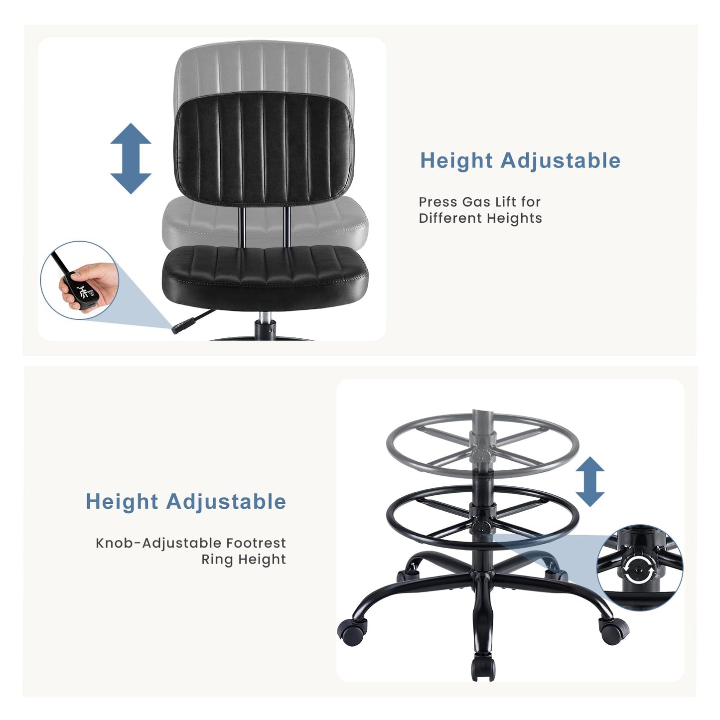 DUMOS Armless Drafting Chair, Low Back Office Seat with Adjustable Footrest Ring for Standing Desk, Ergonomic PU Leather Office Seating, Swivel Rolling High Stool for Studio, Lab, Counter, Black