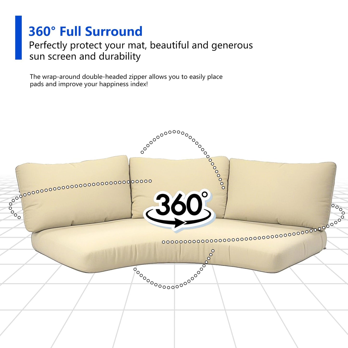 MFPMTUXO Outdoor Curved Sofa Cushion Cover with Zipper & Anti-Slip Particles, Half Moon Patio Furniture Cushions Covers Waterproof, Olefin Fabric-ONLY Cover (Beige, 77/40 * 28 * 5.3inch)