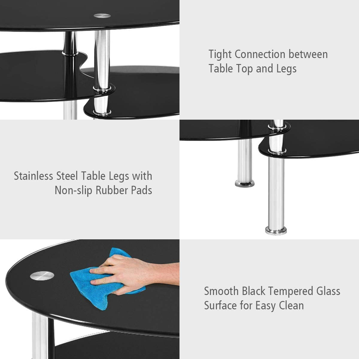 FANTASK Tempered Glass Coffee Table, Oval 3-Tier Steel Tea Table w/Spacious Glass Desk-Top, Open Storage Shelf, Modern End Side Table for Home Living Room Office Reception (Black Glass)