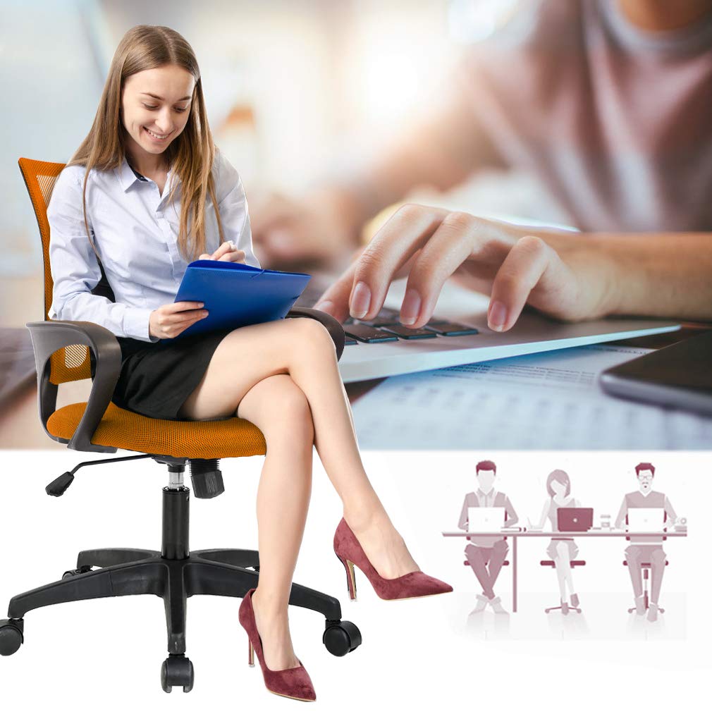 BestOffice | Ergonomic Office Chair | Mid-Back Swivel Desk Chair | Breathable Backrest & Lumbar Support | Adjustable Height | Sponge Seat | Rolling Wheels | Orange | for Adults & Women