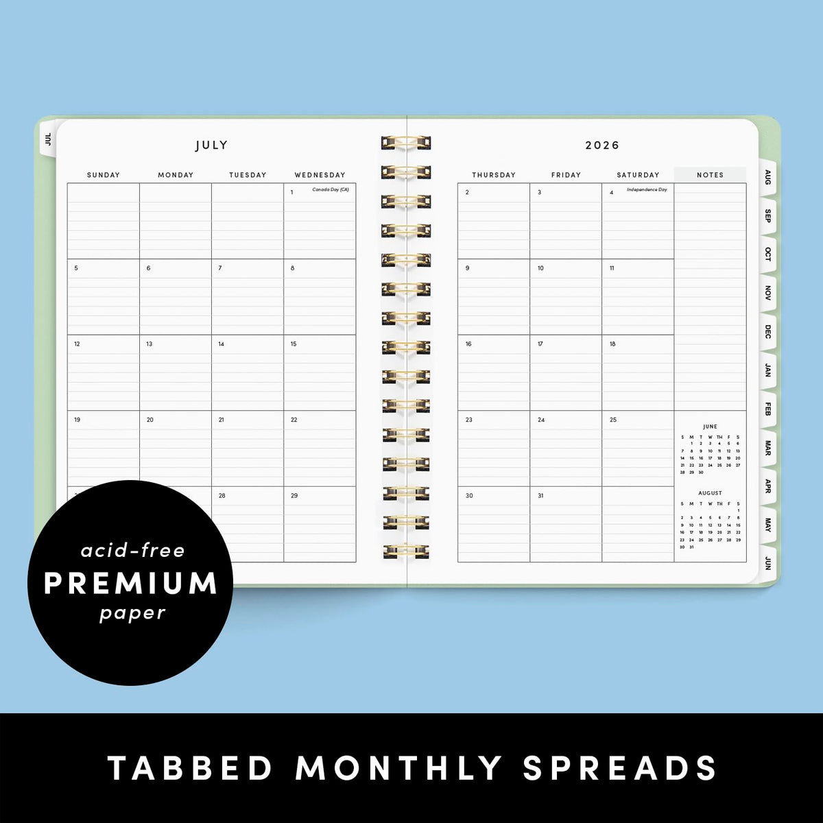 PAPERAGE Academic Planner, Weekly & Monthly Planner & Calendar, 12-Months, July 2026 - June 2027, (7" x 8"), School & Student Planning Agenda with Tabs, Bonus Pages & Inner Pocket, Sage Green