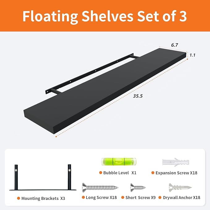 Upassion Floating Shelves for Wall Set of 3, Frame Display Black Floating Shelf