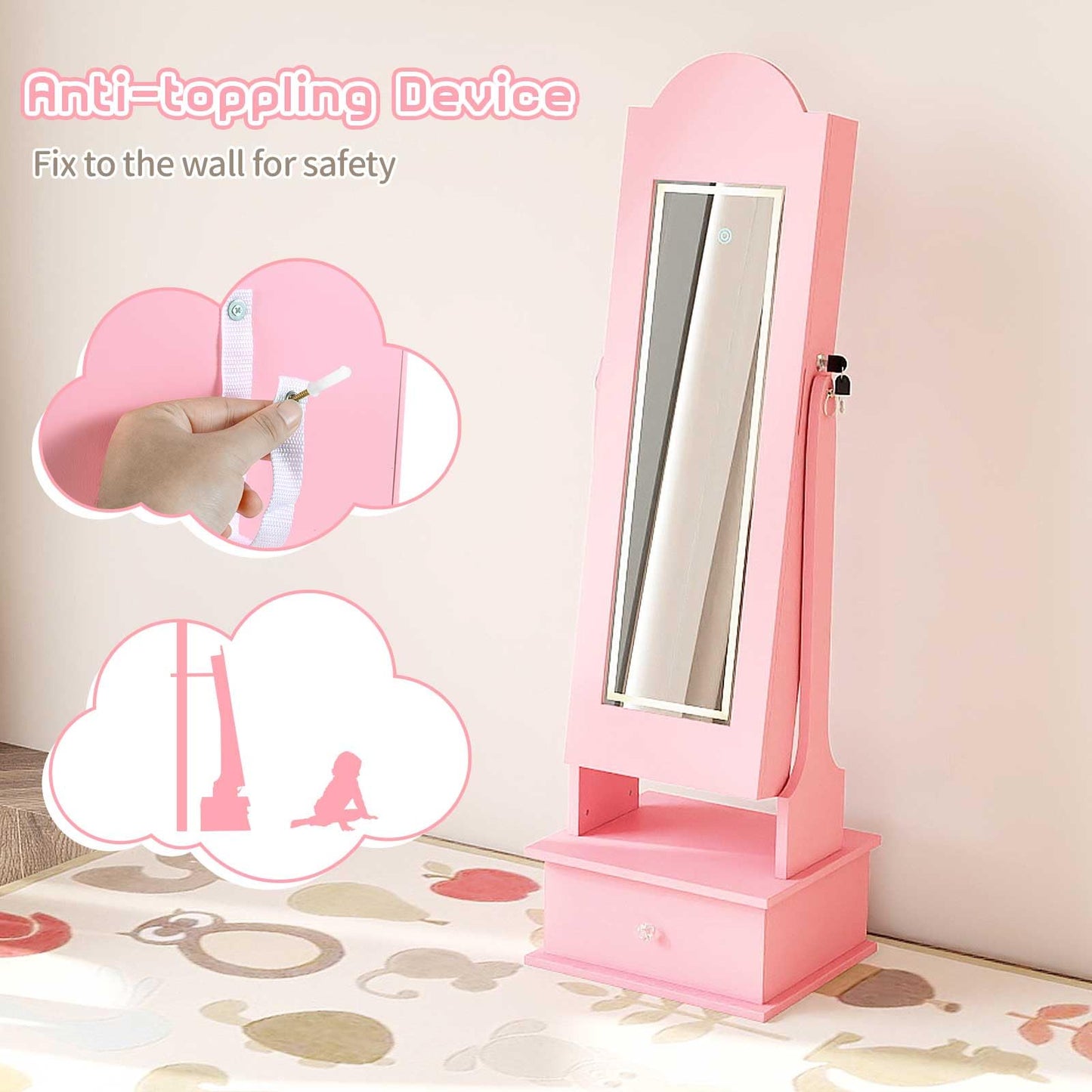 INFANS Kids Jewelry Armoire Cabinet with LED Lights, Lockable Standing Organizer with Full-length Mirror, Unicorn Theme Children Vanity Dress Up Storage Rack for Girls