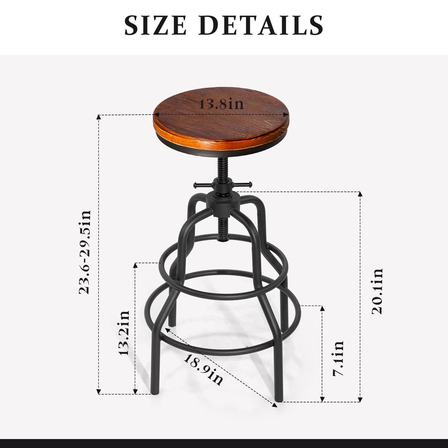 LOKKHAN Vintage Industrial Barstools - 13.8" Dia Round Wooden Brown Seat - Black Metal Base - Adjustable Height: 23.6"-29.5" / Minimalist Design/Raw Rustic Look/Rotating Top Bar Chairs, Set of 2