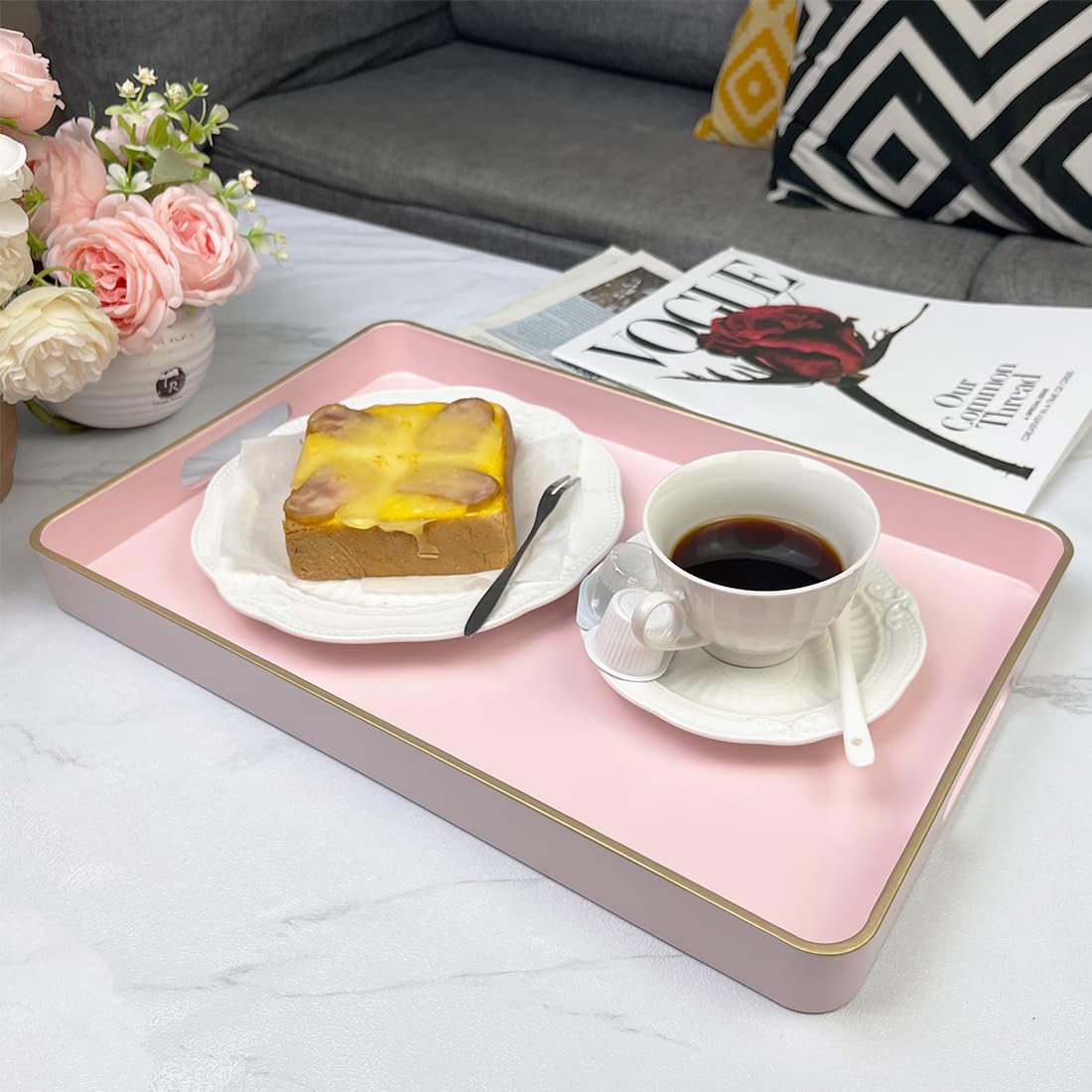 UOEKCS Pink Coffee Table Tray, Decorative Serving Tray with Handles, Plastic Rectangular Tray for Ottoman, Bathroom, Living Room. 15.7"*10.2"