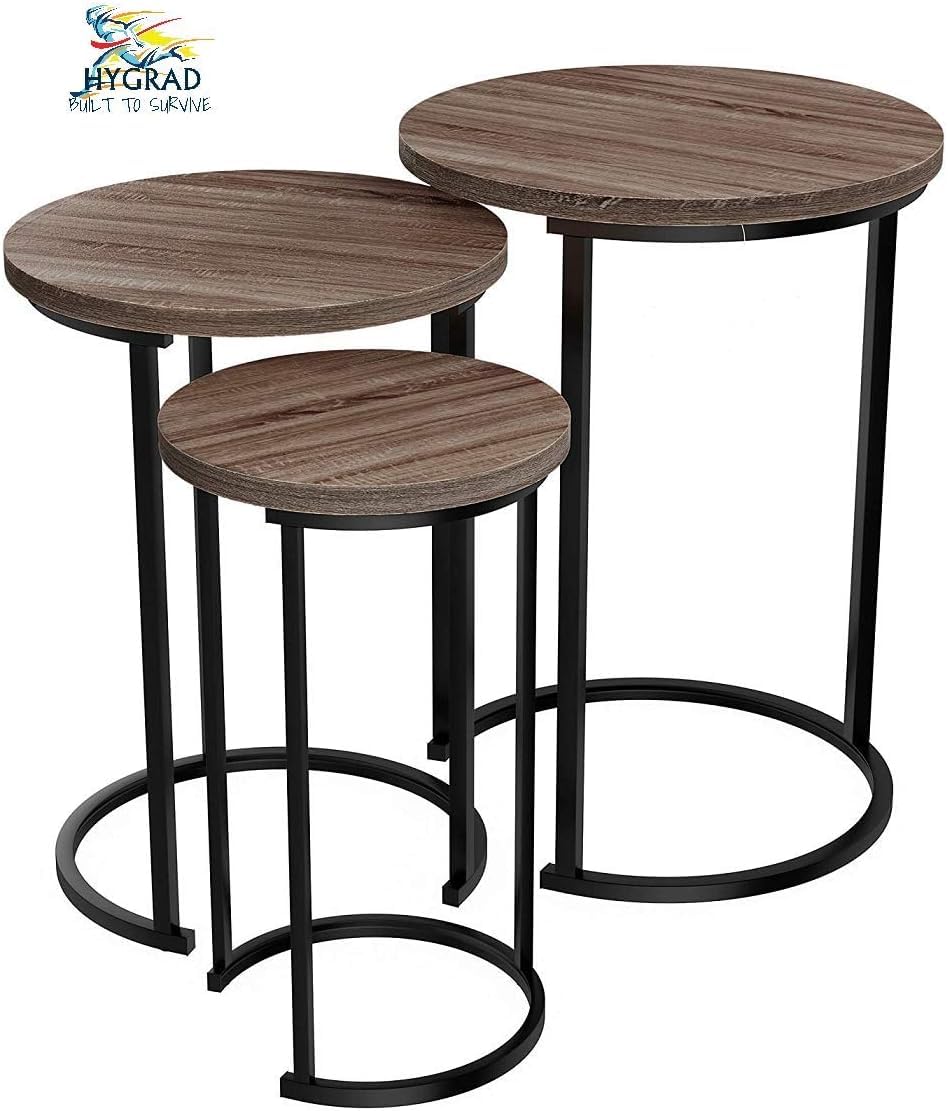 HYGRAD BUILT TO SURVIVE Set of 3 Round Wooden/Steel Nesting Side Stacking Sofa Side Coffee Tables, Small Space Coffee Tea Table for Hallway Living Room Bedroom, Home, Office (Brown/Black)